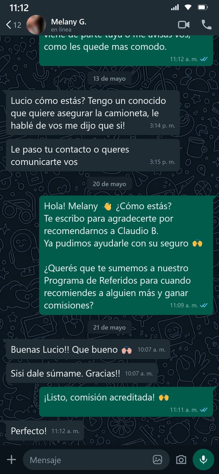 Melany recomienda Firme a conocidos por su cuenta: “yo siempre que puedo te recomiendo”. La suman al programa de referidos y le acreditan la comisión.